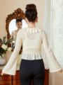 SHEIN Teenagers Girls' Knitted Jacquard Detachable Bow Ruffle Shirt