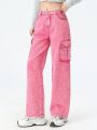 Teen Girls' Retro American High Street Style Loose Fit Comfortable Pink Denim Wide Leg Pants With Multi-pocket Design
