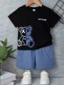 SHEIN Kids QTFun Young Boys' Cartoon Bear And Letter Pattern Short Sleeve T-Shirt And Shorts, Casual And Comfortable Set