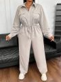 Plus Size Women'S Cargo Jumpsuit With Shirt Collar And Drawstring Waist