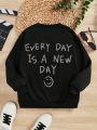 Tween Boy Casual Slogan Printed Long Sleeve Round Neck Sweatshirt, Suitable For Autumn And Winter