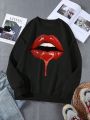 Plus Size Lips Printed Long Sleeve Sweatshirt