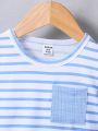 2pcs/Set Baby Boys' Blue Stripe Short Sleeve T-Shirt And Shorts Casual Outfit For Spring & Summer