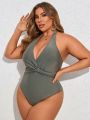 SHEIN Swim Chicsea Plus Size Solid Color Pleated Halter One-Piece Swimsuit