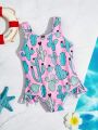 SHEIN Baby Girls' Cactus Printed Ruffle One-Piece Swimsuit