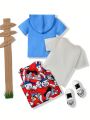 SHEIN Kids EVRYDAY 3pcs/Set Young Boys' Leisure Hooded Knitted T-Shirt Set With Cartoon Patterns