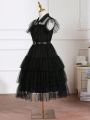 Teenage Girls' Ruffle Edge Mesh Layered Hem Party Dress Suitable For Evening Party Birthday Party, Autumn/Winter
