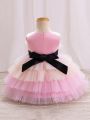 Baby Girls' Multilayer Tulle Party Dress With Mesh Splice And Sleeveless Design