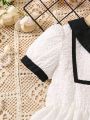 SHEIN Kids CHARMNG Little Girl'S Black And White Lapel Button Half Placket Textured Dress