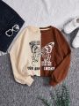 SHEIN Kids EVRYDAY Girls' Knitted Contrast Color Round Neck Loose Fit Casual Sweatshirt