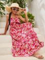 SHEIN Kids Cooltwn Girls' Floral Print Maxi Dress With Shoulder Straps For Casual & Vacation