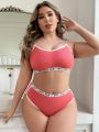 Plus Size Color Block Letter Print Bralette And Underwear Set With Weaved Straps (For Music Festival)