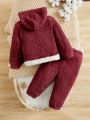 SHEIN Baby Boys' Casual Warm Hooded Cardigan With Cartoon Animal Pattern And Pants Outfit