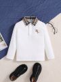 SHEIN Kids EVRYDAY Young Boy's Casual Joint Splicing Contrasting Color Checkered Collar Pullover Polo Shirt With Long Sleeves