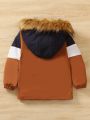 SHEIN Kids EVRYDAY Young Boy Colorblock Letter Embroidery Fuzzy Trim Hooded Thermal Lined Fleece Lined Coat