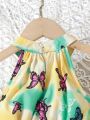 Little Girls' Butterfly Printed Halter Neck Belted Sleeveless Dress