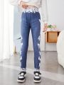 SHEIN Kids SUNSHNE Girls' Knitted Skinny Jeans With Butterfly Pattern, Imitation Denim Style