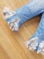 SHEIN Baby Girls' Casual Denim-Like Spliced Mesh Elastic Waist Flared Pants