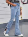 SHEIN Tween Girl Comfortable & Fashionable Water Washed Ripped Elastic Jeans Bootcut Pants