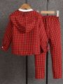 SHEIN Young Boy Gingham Long Sleeve Hooded Shirt And Pants Two-Piece Set