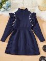 SHEIN Kids EVRYDAY Young Girl Pearl Decorated Mock Neck Sweater Dress With Ruffle Trim