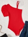 SHEIN Kids Y2Kool Solid-Colored Asymmetrical Neck Jumpsuit For Tween Girls