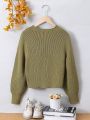 Girls' Contrast Color Round Neck Casual Sweater For Tween