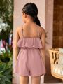 SHEIN Kids Cooltwn Young Girl Casual Solid Color Halter Neck Romper