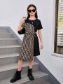 SHEIN Kids HYPEME Tween Girls' Everyday Geometric Pattern Splicing Short Sleeve Knit Dress With Gathered Waist, Street Fashion