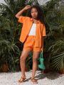 SHEIN Kids Cooltwn Tween Girls' Everyday Casual Spring/Summer Solid Color Woven Shirt & Shorts Set