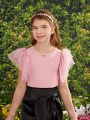 SHEIN Kids FANZEY Tween Girls' Knitted Round Neck Top With Layered Mesh And Ruffled Sleeves