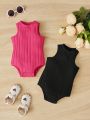 SHEIN 2pcs Baby Girls' Sleeveless Ribbed Bodysuit With Solid Color, Casual Wear
