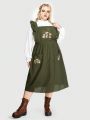 Fairycore Plus Size Women's Dress With Mushroom Embroidery, Ruffled Apron Style Dress