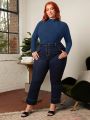 SHEIN CURVE+ Plus Solid Mock Neck Ribbed Knit Bodysuit
