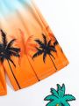 Tween Boys' Gradient Coconut Tree Print Swim Trunks With Elastic Waistband
