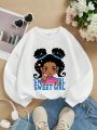 Girls' Casual Cartoon Patterned Round Neck Long Sleeve Sweatshirt, Suitable For Autumn And Winter