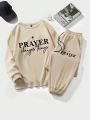Plus Size Letter Printed Hoodie And Sweatpants Set