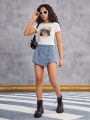 SHEIN Teenage Girls' Knitted Casual T-Shirt With Cute Cat Pattern