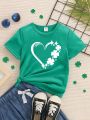 Girls Casual Four-Leaf Clover Heart Pattern Short-Sleeved T-Shirt