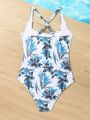Teenage Girls' One-Piece Swimsuit With Floral Plant Print