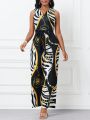 SHEIN Lady Zebra Print And Chain Pattern Jumpsuit