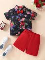 Boys' Floral Print Shirt And Solid Color Shorts Two-Piece Set