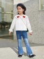 SHEIN Kids KDOMO Toddler Girls' Loose Fit Casual Heart Pattern Embroidery Big Collar Shirt