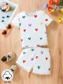 Baby Girl 2pcs/Set Heart Pattern Short Sleeve T-Shirt And Shorts, Cute Daily Casual Outfits For Spring/Summer