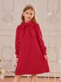 SHEIN Kids Nujoom Girls' Stand Collar Dress With Decorative Back Pleats And Buttons, Long Sleeve