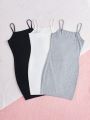 SHEIN Kids EVRYDAY Girls' Knitted Solid Color Cami  Dress 3pcs/Set