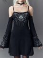Goth Women's Butterfly Printed Off Shoulder Flared Sleeve Dress