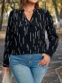 SHEIN LUNE Plus Size Striped Blouse With Notched Collar And Long Sleeves