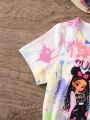 SHEIN Kids Cooltwn Little Girls' Tie-Dye Cartoon Letter Printed T-Shirt