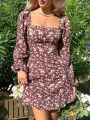 SHEIN WYWH Women'S Floral Print Square Neckline Back Tie Detail Midi Dress